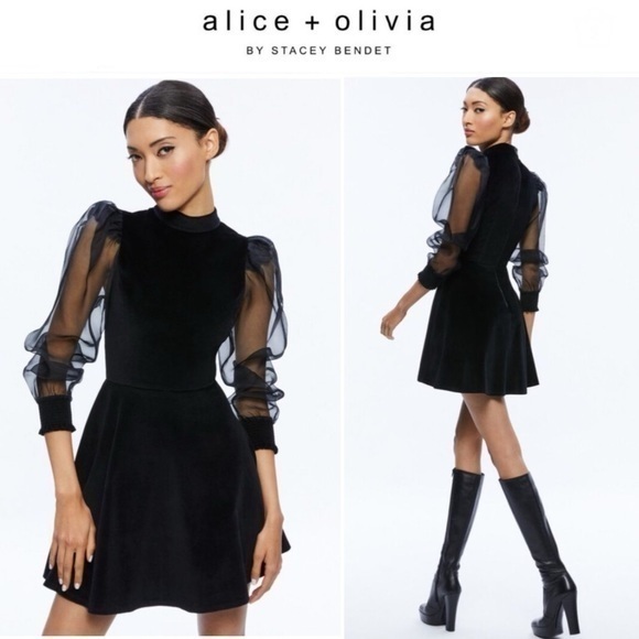 Alice + Olivia Dresses & Skirts - Alice and Olivia Paulette Velvet Puff Sleeve Mini Dress in Black sz 10 NWT 595$